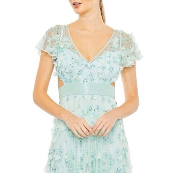 Mac Duggal Size 6 Mint Green 70275 Lace Up Back Floral Appliqué Beads Gown Dress - Picture 3 of 11